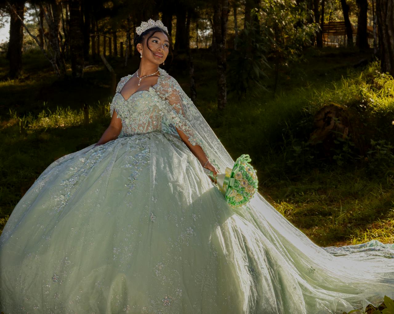 An elegant woman wearing a ball gown and tiara poses in a lush forest setting.